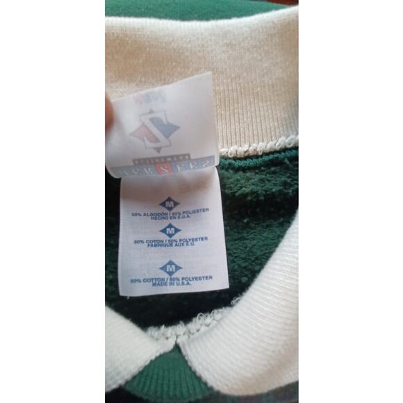 Vintage 90s Jerzees Green Collared Christmas Patchwork Sweatshirt Size Medium - Picture 6 of 7